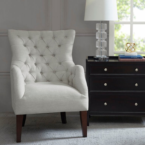 English Elm Button Tufted Wingback Accent Chair Upholstered in Textured Fabric with Espresso Birch Legs B03548233