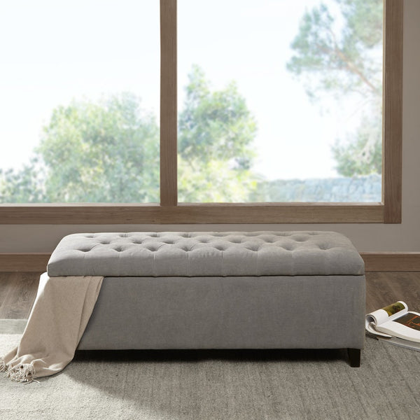 English Elm Tufted Upholstered Storage Bench with Soft Close Lid and Birch Legs for Bedroom B03548258