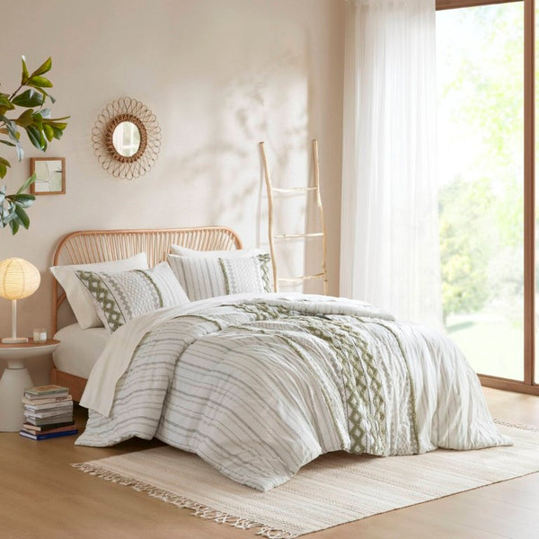 English Elm 3 Piece Cotton Chenille Tufted Duvet Set Aztec Print Textured Bedding for Queen Beds B035P319205