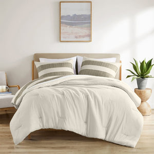 English Elm 3-Piece Full Queen Striped Microfiber Comforter Set Neutral Textured Bedroom Bedding B035P408432