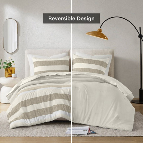 English Elm 3-Piece Full Queen Striped Microfiber Comforter Set Neutral Textured Bedroom Bedding B035P408432