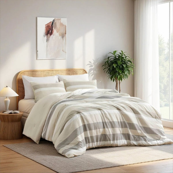 English Elm 3-Piece Full Queen Striped Microfiber Comforter Set Neutral Textured Bedroom Bedding B035P408432