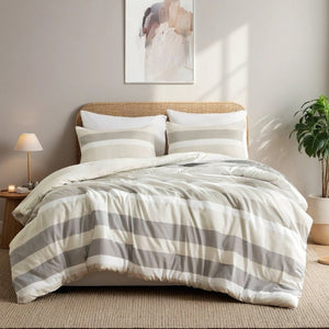 English Elm 3-Piece Full Queen Striped Microfiber Comforter Set Neutral Textured Bedroom Bedding B035P408432