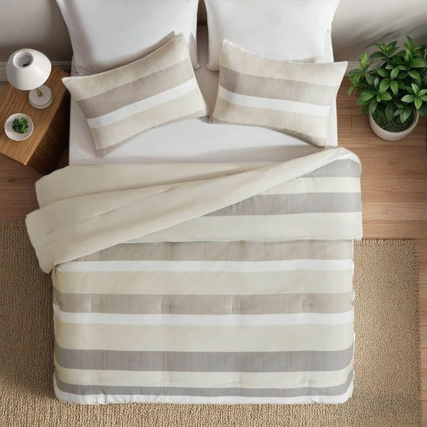 English Elm 3-Piece Full Queen Striped Microfiber Comforter Set Neutral Textured Bedroom Bedding B035P408432