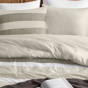 English Elm 3-Piece Full Queen Striped Microfiber Comforter Set Neutral Textured Bedroom Bedding B035P408432