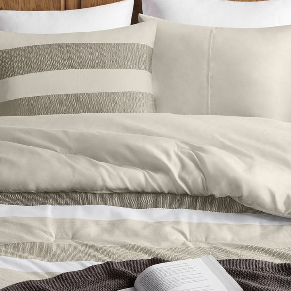 English Elm 3-Piece Full Queen Striped Microfiber Comforter Set Neutral Textured Bedroom Bedding B035P408432