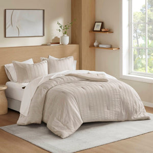 English Elm 7-Piece Queen Woven Stripe Polyester Comforter Set for Guest Bedroom Neutral Decor B035P463207