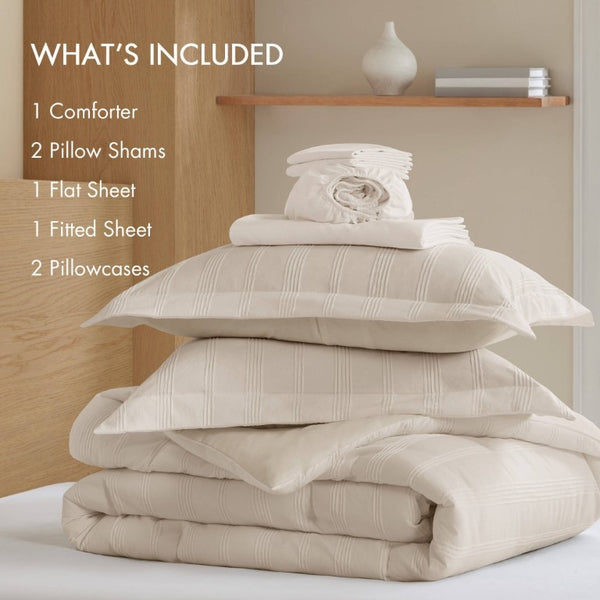 English Elm 7-Piece Queen Woven Stripe Polyester Comforter Set for Guest Bedroom Neutral Decor B035P463207