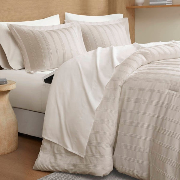 English Elm 7-Piece Queen Woven Stripe Polyester Comforter Set for Guest Bedroom Neutral Decor B035P463207