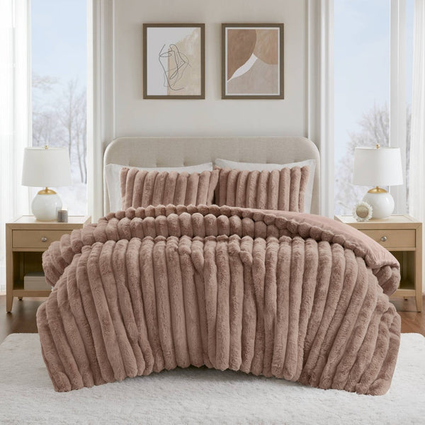 English Elm 3 Piece Faux Fur Ribbed Comforter Set Ultrasoft Velvet Reverse Cozy Bedroom Bedding B035P529037
