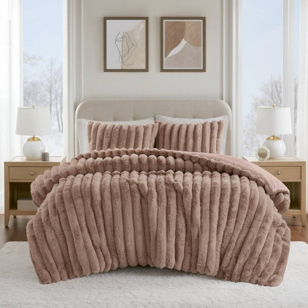 English Elm 3 Piece King Faux Fur Ribbed Comforter Set Plush Velvet Backed Hotel Luxe Bedding B035P529038