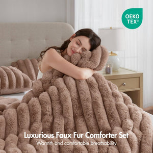 English Elm 3 Piece King Faux Fur Ribbed Comforter Set Plush Velvet Backed Hotel Luxe Bedding B035P529038