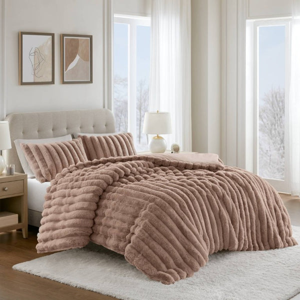 English Elm 3 Piece King Faux Fur Ribbed Comforter Set Plush Velvet Backed Hotel Luxe Bedding B035P529038