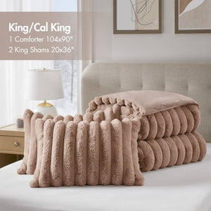 English Elm 3 Piece King Faux Fur Ribbed Comforter Set Plush Velvet Backed Hotel Luxe Bedding B035P529038