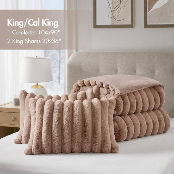 English Elm 3 Piece King Faux Fur Ribbed Comforter Set Plush Velvet Backed Hotel Luxe Bedding B035P529038
