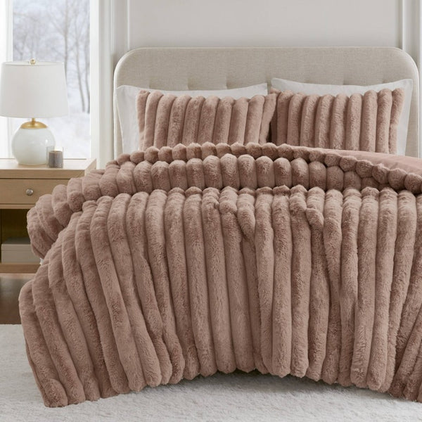 English Elm 3 Piece King Faux Fur Ribbed Comforter Set Plush Velvet Backed Hotel Luxe Bedding B035P529038
