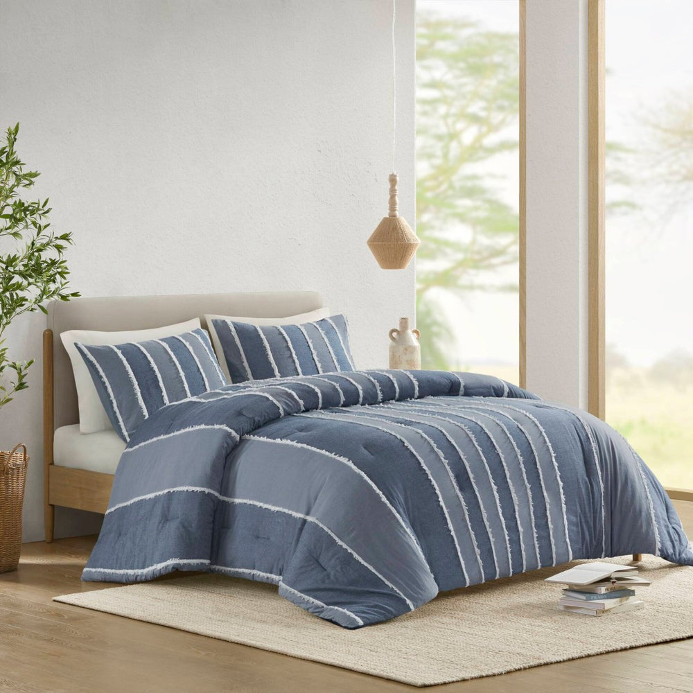 English Elm 3 Piece Cotton Jacquard Comforter Set Striped Woven Texture for Coastal Bedrooms B035P529039