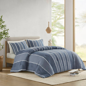 English Elm 3 Piece Cotton Jacquard Comforter Set Striped Woven Texture for Coastal Bedrooms B035P529039
