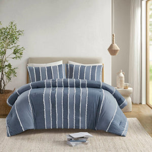 English Elm 3 Piece King Cotton Jacquard Comforter Set Crisp Blue Stripe Hypoallergenic Bedding B035P529040