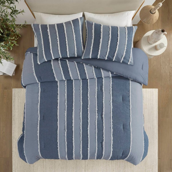 English Elm 3 Piece King Cotton Jacquard Comforter Set Crisp Blue Stripe Hypoallergenic Bedding B035P529040