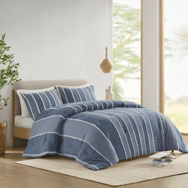 English Elm 3 Piece King Cotton Jacquard Comforter Set Crisp Blue Stripe Hypoallergenic Bedding B035P529040