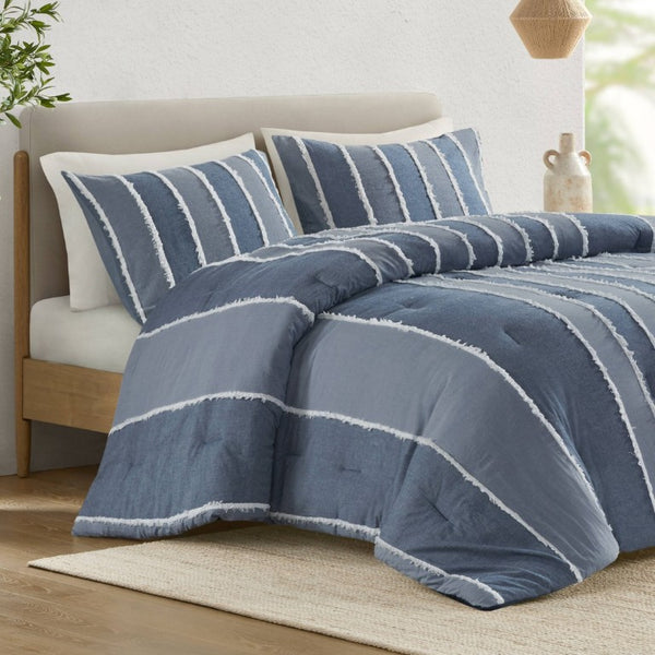 English Elm 3 Piece King Cotton Jacquard Comforter Set Crisp Blue Stripe Hypoallergenic Bedding B035P529040