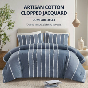 English Elm 3 Piece King Cotton Jacquard Comforter Set Crisp Blue Stripe Hypoallergenic Bedding B035P529040