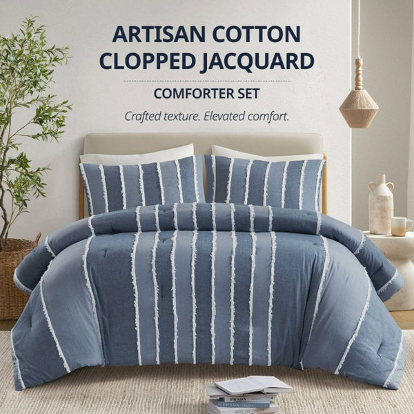 English Elm 3 Piece King Cotton Jacquard Comforter Set Crisp Blue Stripe Hypoallergenic Bedding B035P529040
