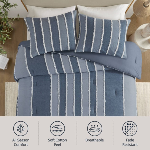 English Elm 3 Piece King Cotton Jacquard Comforter Set Crisp Blue Stripe Hypoallergenic Bedding B035P529040
