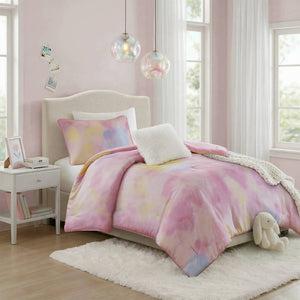 English Elm 3 Piece Twin Watercolor Tie Dye Microfiber Comforter Set with Faux Fur Accent Pillow Pink B035P529041