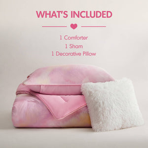 English Elm 3 Piece Twin Watercolor Tie Dye Microfiber Comforter Set with Faux Fur Accent Pillow Pink B035P529041