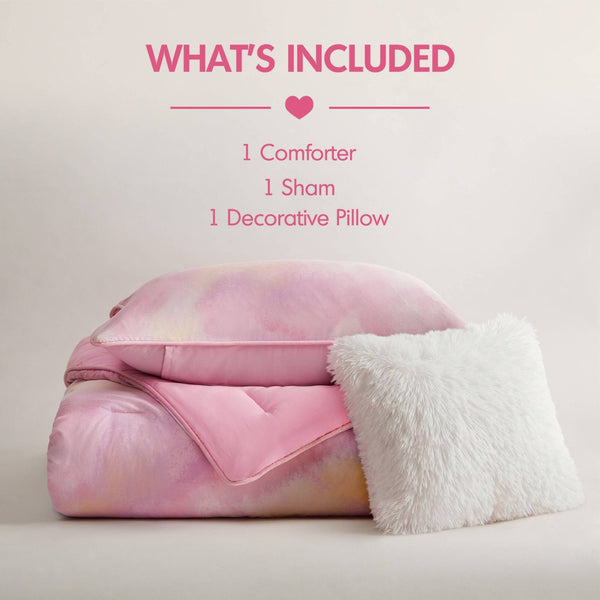 English Elm 3 Piece Twin Watercolor Tie Dye Microfiber Comforter Set with Faux Fur Accent Pillow Pink B035P529041
