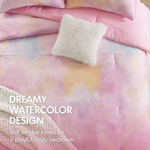 English Elm 3 Piece Twin Watercolor Tie Dye Microfiber Comforter Set with Faux Fur Accent Pillow Pink B035P529041