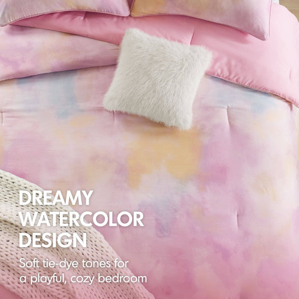 English Elm 3 Piece Twin Watercolor Tie Dye Microfiber Comforter Set with Faux Fur Accent Pillow Pink B035P529041