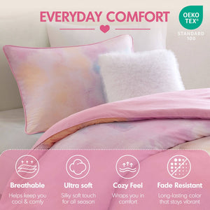 English Elm 3 Piece Twin Watercolor Tie Dye Microfiber Comforter Set with Faux Fur Accent Pillow Pink B035P529041