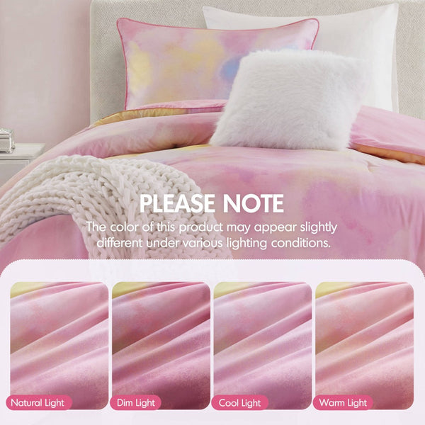 English Elm 3 Piece Twin Watercolor Tie Dye Microfiber Comforter Set with Faux Fur Accent Pillow Pink B035P529041