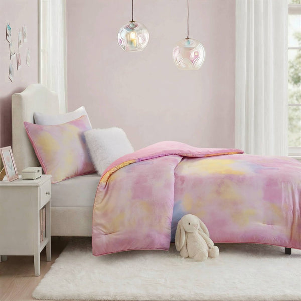 English Elm 3 Piece Twin Watercolor Tie Dye Microfiber Comforter Set with Faux Fur Accent Pillow Pink B035P529041