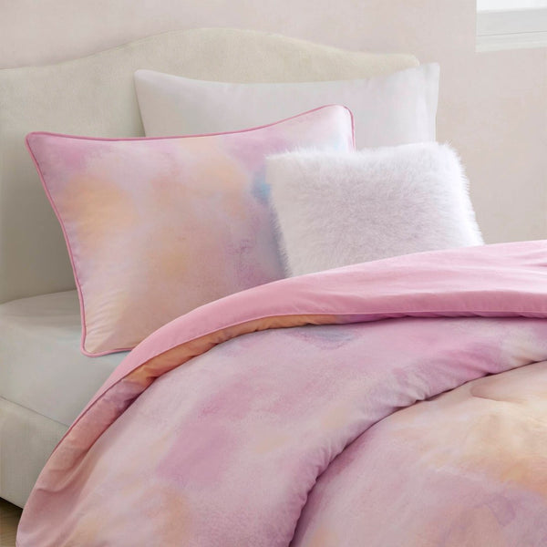English Elm 3 Piece Twin Watercolor Tie Dye Microfiber Comforter Set with Faux Fur Accent Pillow Pink B035P529041