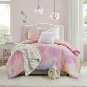 English Elm 3 Piece Twin Watercolor Tie Dye Microfiber Comforter Set with Faux Fur Accent Pillow Pink B035P529041