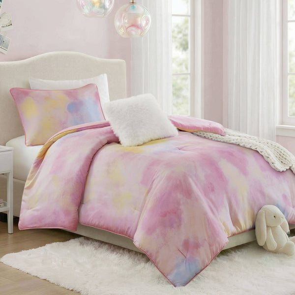 English Elm 3 Piece Twin Watercolor Tie Dye Microfiber Comforter Set with Faux Fur Accent Pillow Pink B035P529041