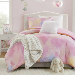 English Elm 3 Piece Twin Watercolor Tie Dye Microfiber Comforter Set with Faux Fur Accent Pillow Pink B035P529041