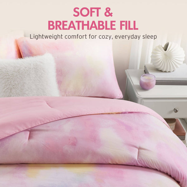 English Elm 3 Piece Twin Watercolor Tie Dye Microfiber Comforter Set with Faux Fur Accent Pillow Pink B035P529041