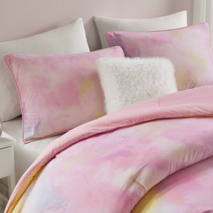 English Elm 4 Piece Watercolor Tie Dye Comforter Set Bohemian Microfiber Bedding with Faux Fur Pillow Pink B035P529042