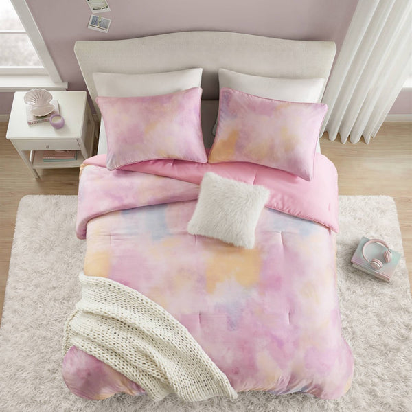English Elm 4 Piece Watercolor Tie Dye Comforter Set Bohemian Microfiber Bedding with Faux Fur Pillow Pink B035P529042