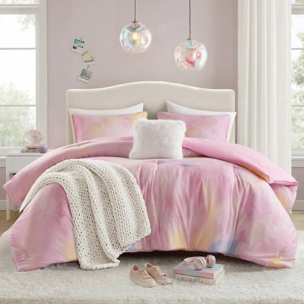 English Elm 4 Piece King Watercolor Tie Dye Microfiber Comforter Set with Faux Fur Throw Pillow Pink B035P529043
