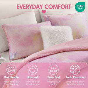 English Elm 4 Piece King Watercolor Tie Dye Microfiber Comforter Set with Faux Fur Throw Pillow Pink B035P529043