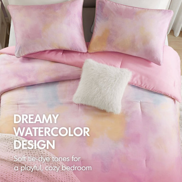 English Elm 4 Piece King Watercolor Tie Dye Microfiber Comforter Set with Faux Fur Throw Pillow Pink B035P529043