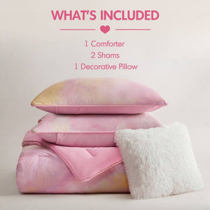 English Elm 4 Piece King Watercolor Tie Dye Microfiber Comforter Set with Faux Fur Throw Pillow Pink B035P529043