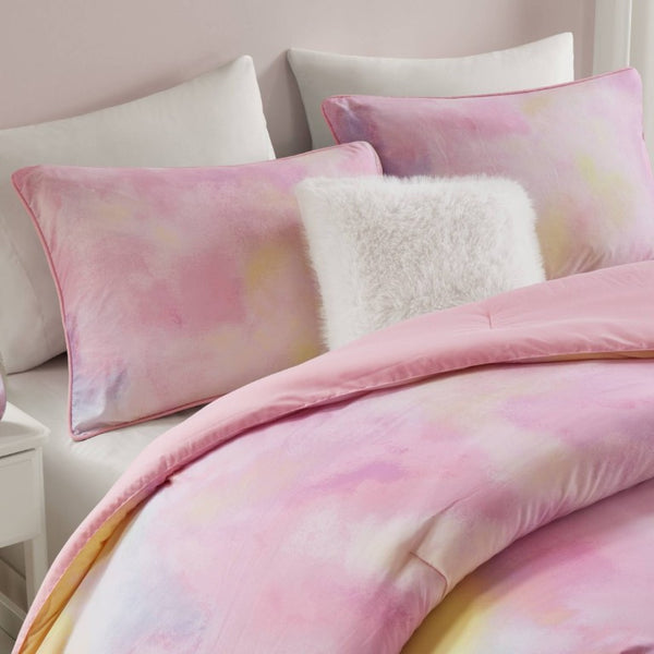 English Elm 4 Piece King Watercolor Tie Dye Microfiber Comforter Set with Faux Fur Throw Pillow Pink B035P529043