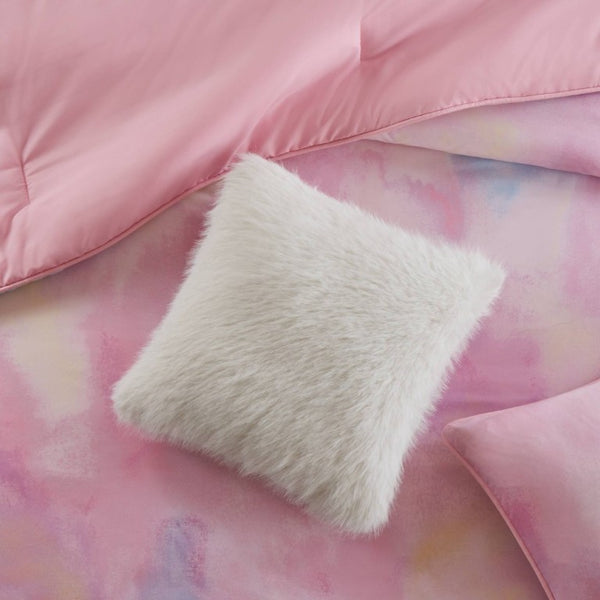 English Elm 4 Piece King Watercolor Tie Dye Microfiber Comforter Set with Faux Fur Throw Pillow Pink B035P529043